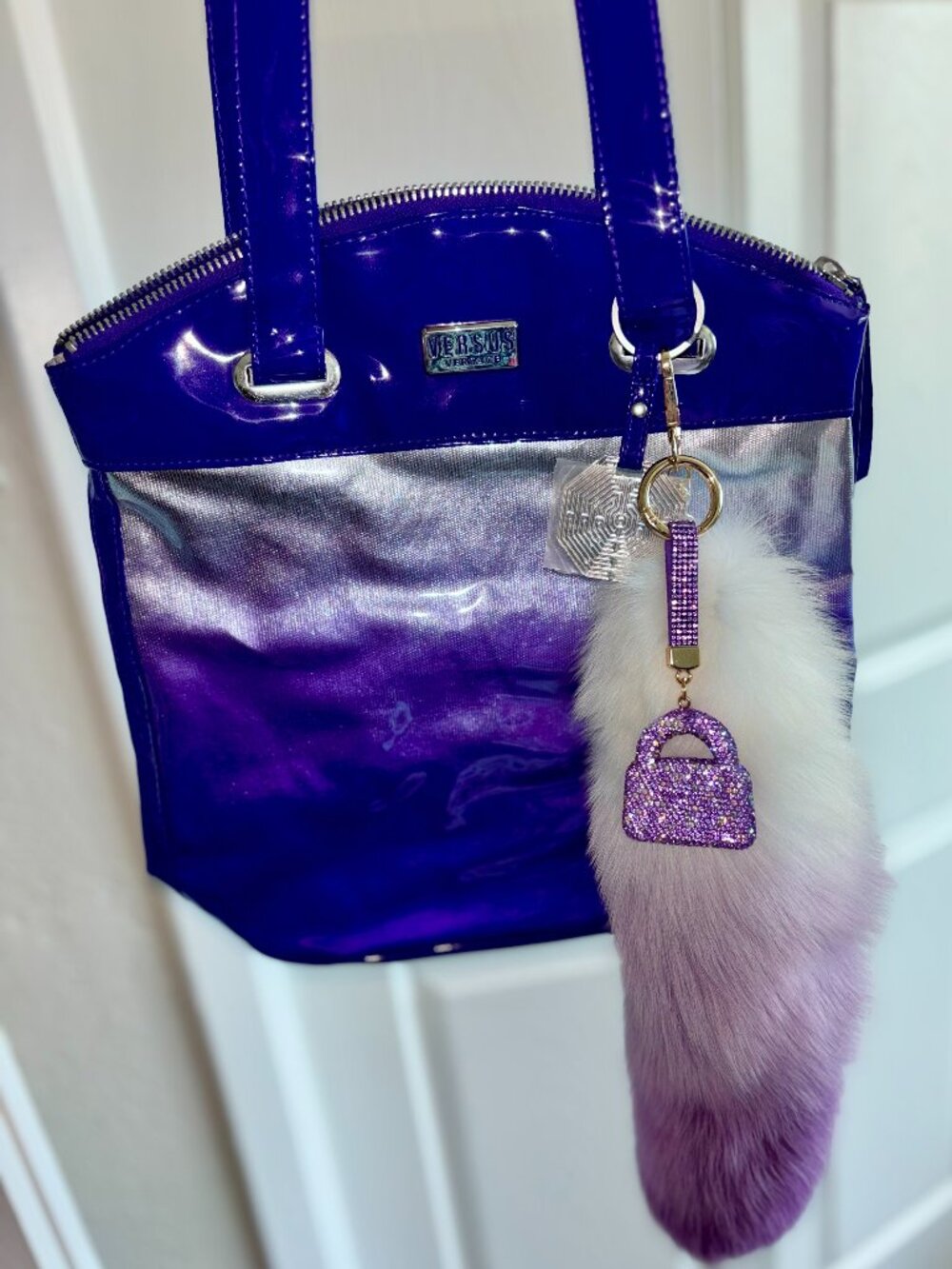NWT Versus Versace Purple Ombre Patent Tote + Fox Tail Charm